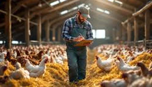 topic6 representative image of a man writing something down in a notebook while visiting a poultry farm
